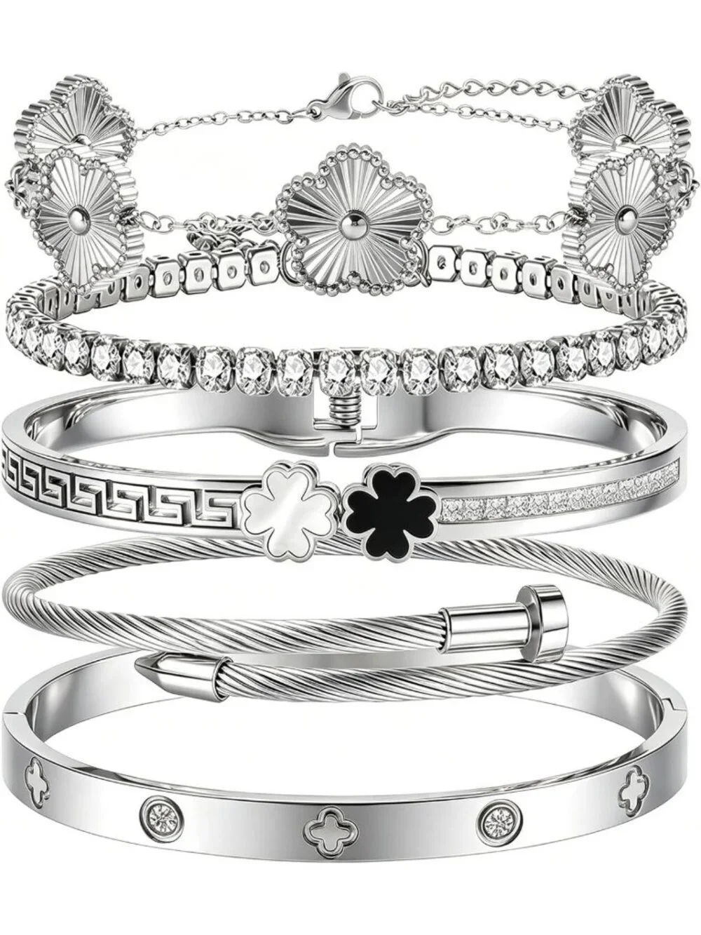 Trendy Silver Stackable Bangle Bracelets for Women - Non-Tarnish Clover Charm